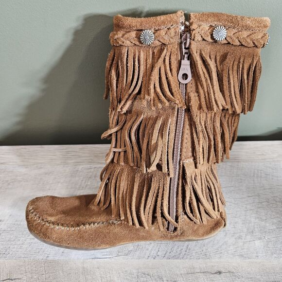 Minnetonka Womens 3 Brown Rust Suede Leather Fringe 3 Layer Tall Boots Moccasin - Picture 9 of 12